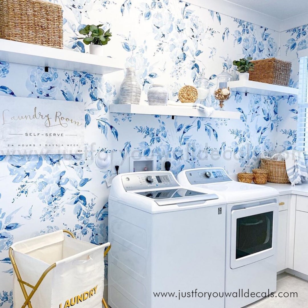 Laundry Room Wallpaper, Blue and White Floral Wallpaper, Peel and Stick