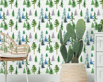 Nursery-friendly wallpaper design featuring hand-painted forest trees in pastel shades.  Woodland wallpaper, Nursery Tree Wallpaper 28-0003
