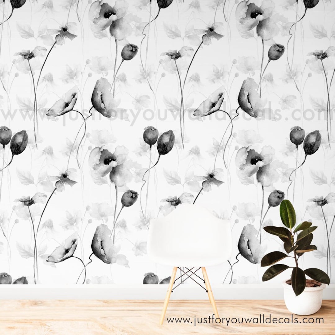 Black and White Peel and Stick Floral Wallpaper, Nursery Wallpaper ...