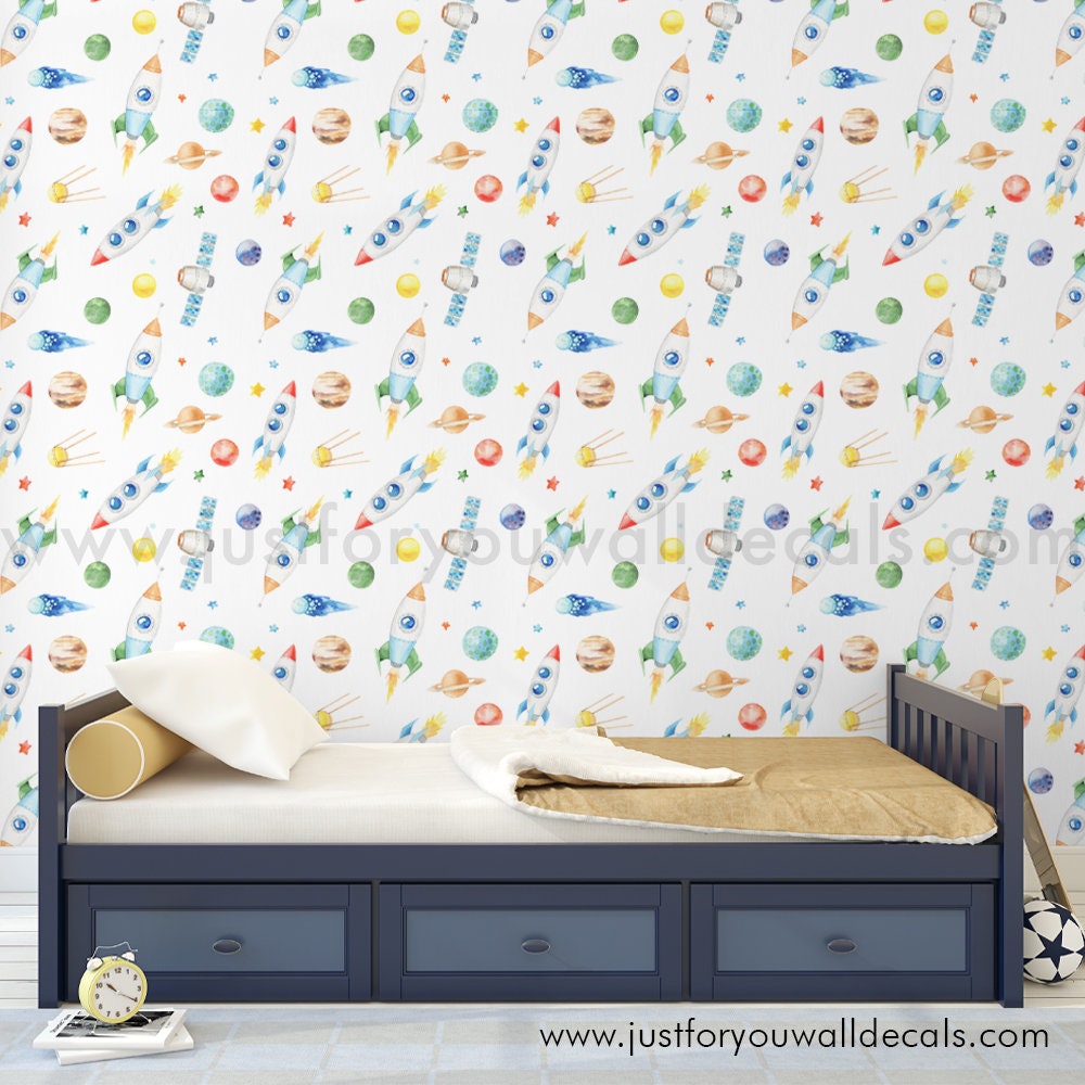 Baby Boy Nursery Wallpaper Space Wallpaper Boys Room Etsy