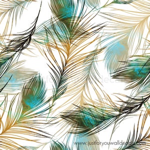 Peacock Feather Removable Wallpaper, Bird Wallpaper, Bathroom Powder Room Wallpaper, Laundry Room Wallpaper, Tropical Wallpaper 32-0003