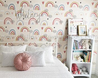 Rainbow Peel and Stick Wallpaper, Pre-Pasted Wallpaper, Kids Wallpaper, Removable Wallpaper, Girls Wallpaper, Boho Rainbow Wallpaper 29-0006