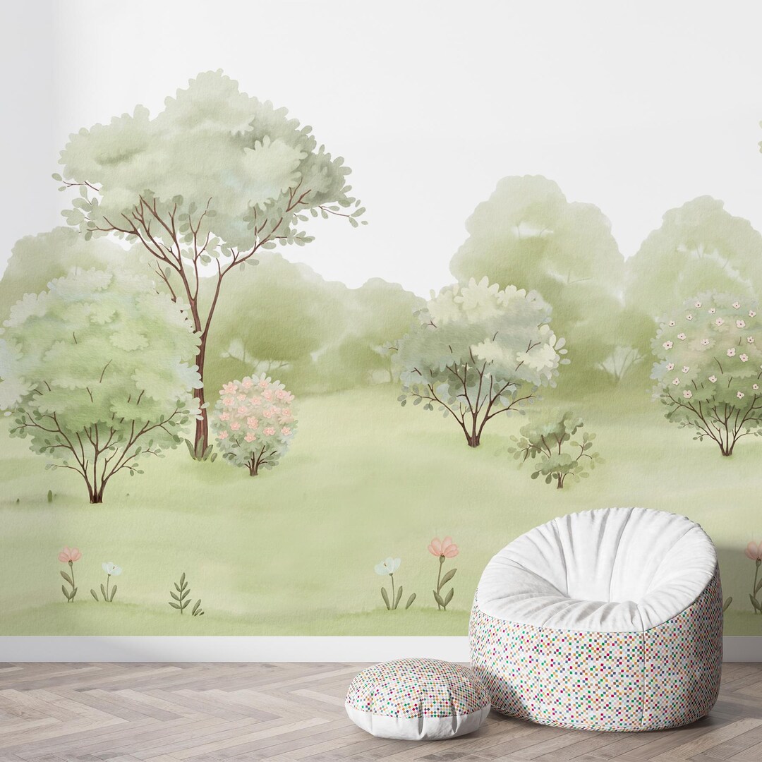 Whimsical Green Forest Tree Wallpaper Mural, Peel and Stick Wallpaper ...