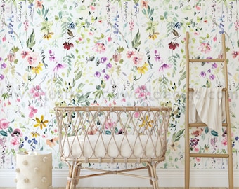 Floral Wallpaper, Nursery Wallpaper, Pre Pasted Wallpaper, Peel and Stick, Nursery Wallpaper Girl, Wildflower Mural Wallpaper 30-0013