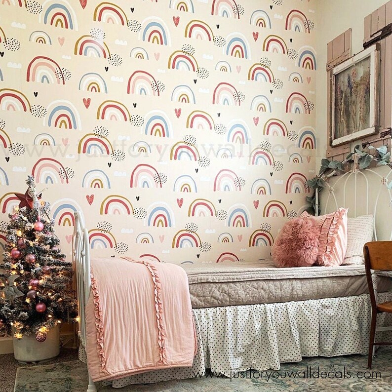 Rainbow Nursery Wallpaper Kids Wallpaper Rainbow Wallpaper Etsy