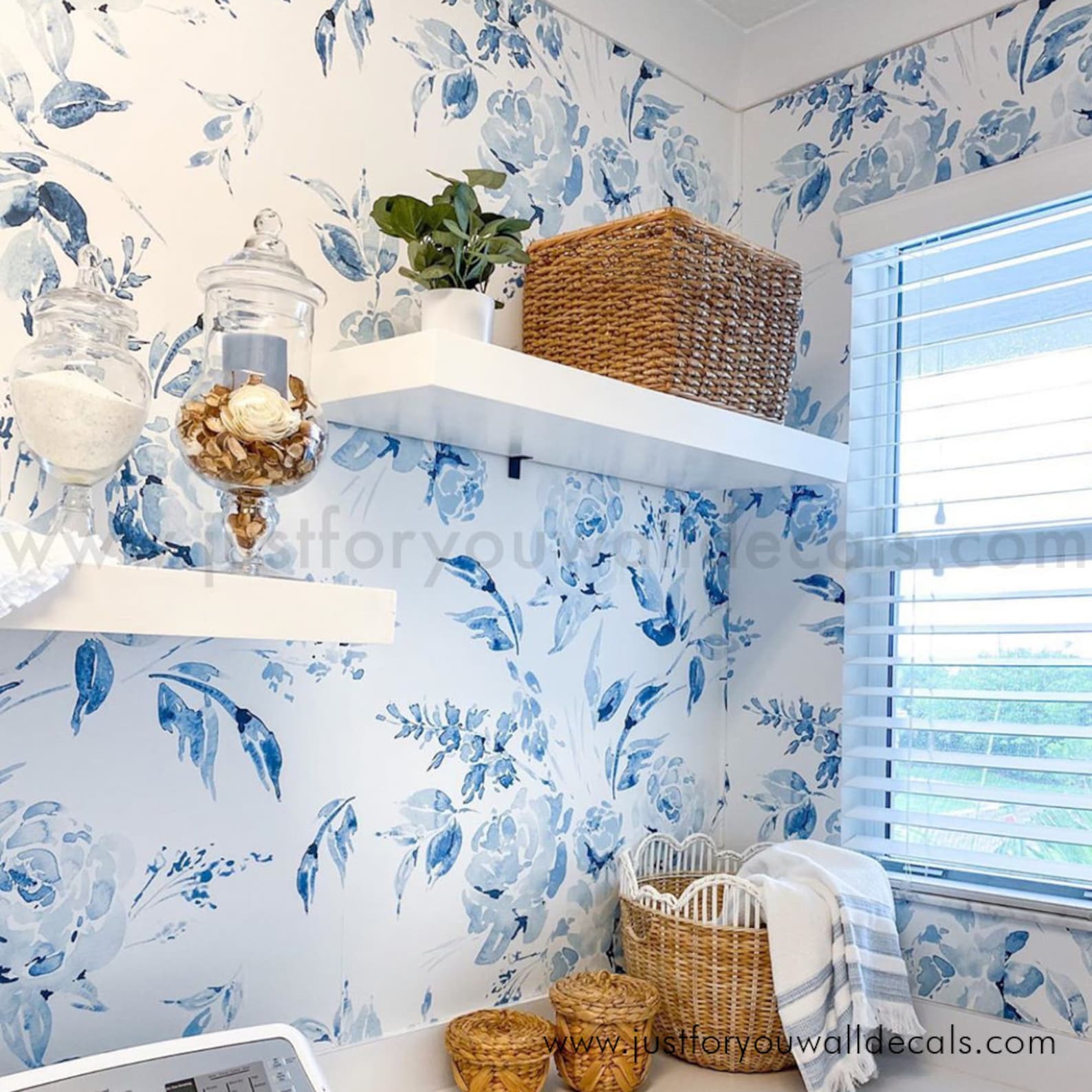 Laundry Room Wallpaper Blue and White Floral Wallpaper Peel - Etsy