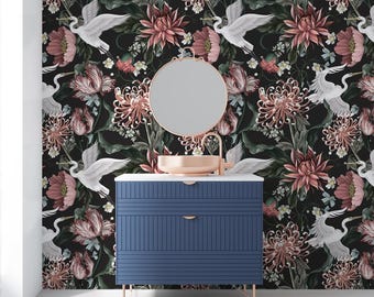 Heron Asian Wallpaper, Crane Bird Wallpaper, Bird Floral Wallpaper, Chinese Birds Wallpaper, Chinese Birds, Bathroom Wallpaper  32-0009