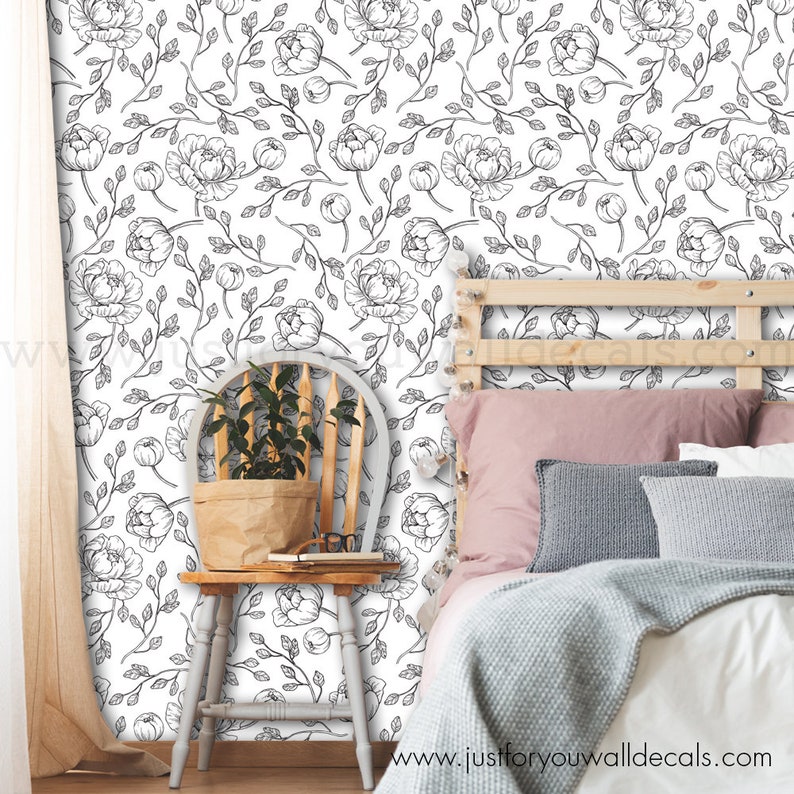Baby Girl Wallpaper Wallpaper 30-0009 Girl Wallpaper Black Floral Wallpaper Floral Wallpaper Black and White Wallpaper Peony Wallpaper
