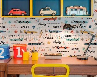 Sport Race Car for Boys Room Peel and Stick Wallpaper, Boy Nursery Wallpaper, Removable Wallpaper, Toddler Boys Room Wallpaper 34-0008