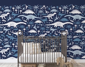 Dinosaur Wallpaper, Dinosaur Peel and Stick Removable Wallpaper, Blue Wallpaper, Boys Room Wallpaper, Baby Boy Wallpaper Mural 33-0034