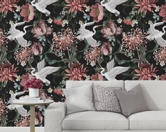 Heron Asian Wallpaper, Crane Bird Wallpaper, Bird Floral Wallpaper, Crane Bird Chinoiserie Wallpaper, Chinese Birds Wallpaper  32-0009