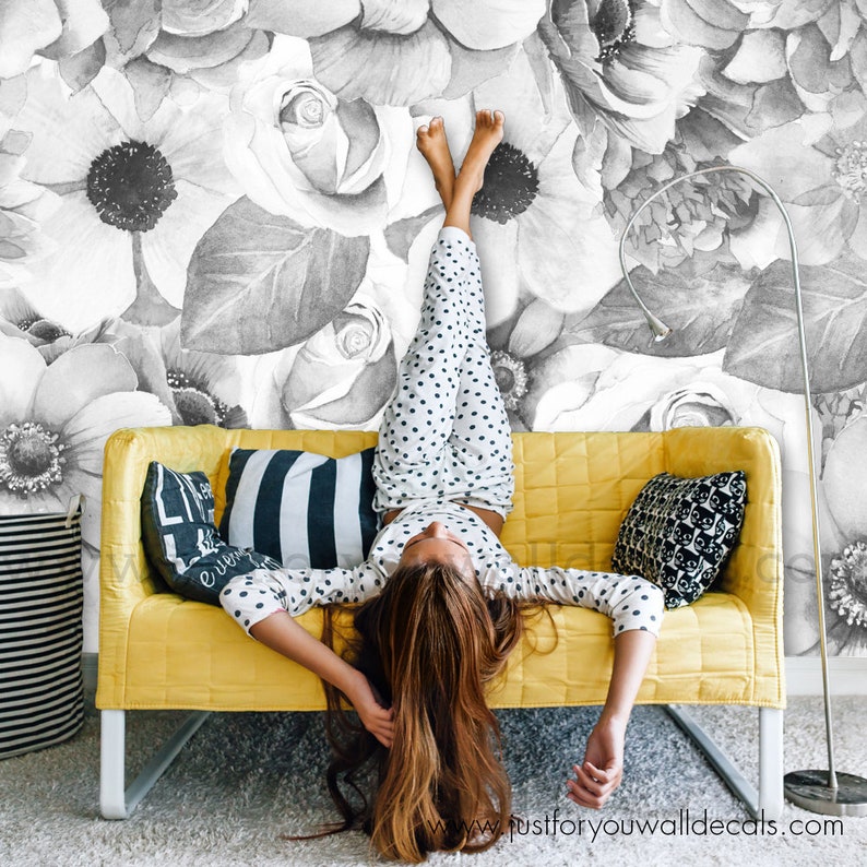 Nursery Wallpaper Girl Room Wallpaper Girl Nursery wallpaper Floral Wallpaper Black White Peony Wallpaper 26-4001 Girl wallpaper