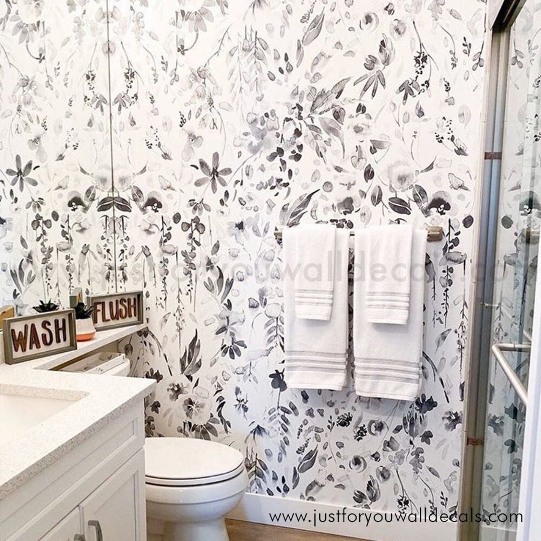 Black and White Floral Wallpaper Bathroom Wallpaper Laundry - Etsy