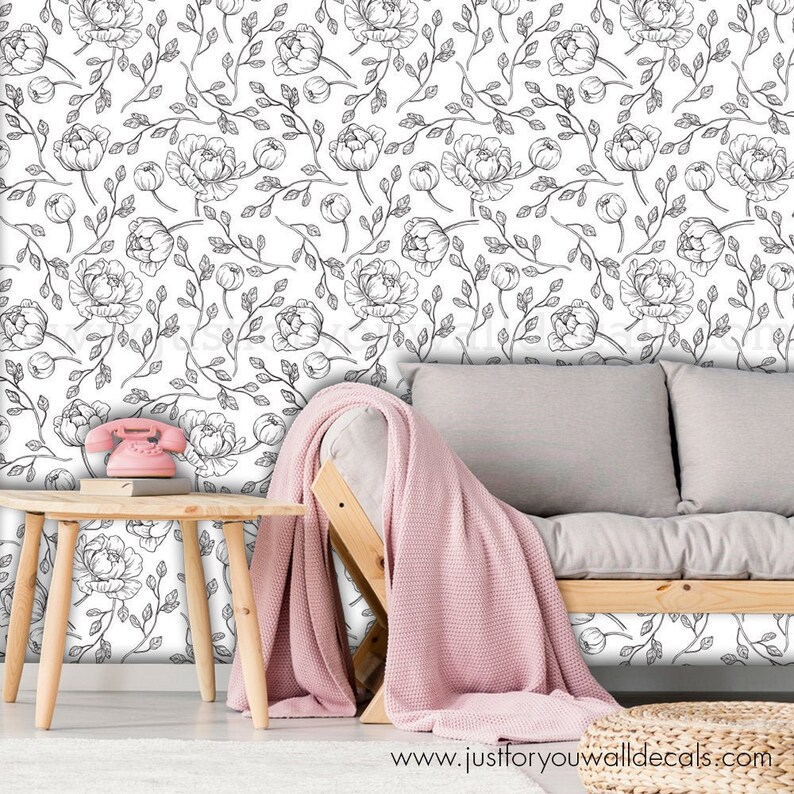 Baby Girl Wallpaper Wallpaper 30-0009 Girl Wallpaper Black Floral Wallpaper Floral Wallpaper Black and White Wallpaper Peony Wallpaper
