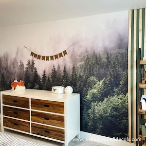 Realistic forest scene wallpaper featuring tall evergreen trees in a dreamy mist. Foggy Forest Wallpaper, Foggy Forest Wallpaper 28-0002