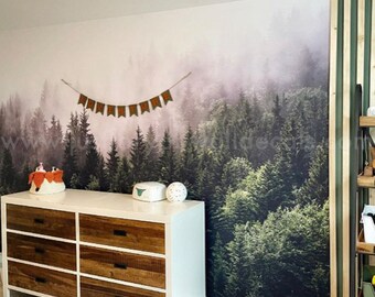 Realistic forest scene wallpaper featuring tall evergreen trees in a dreamy mist. Foggy Forest Wallpaper, Foggy Forest Wallpaper 28-0002