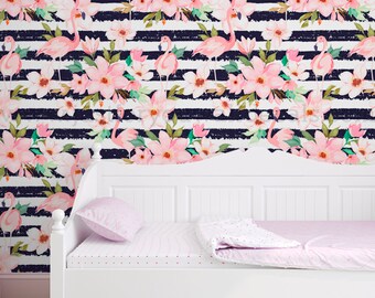 Flamingo Wallpaper, Floral Flamingo Peel and Stick Wallpaper, Bathroom Wallpaper, Mid Century Modern Wallpaper, Removable Wallpaper 33-0025
