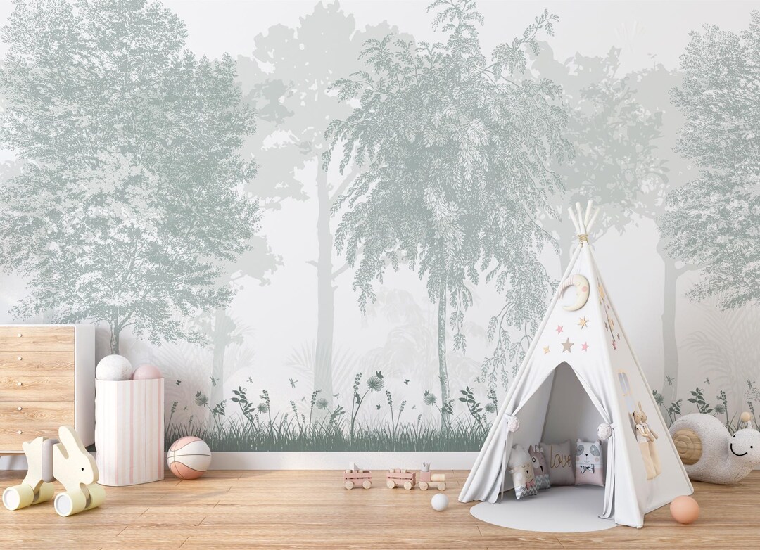 Woodland Nursery Wallpaper Peel and Stick, Sage Green Forest Trees Wall ...