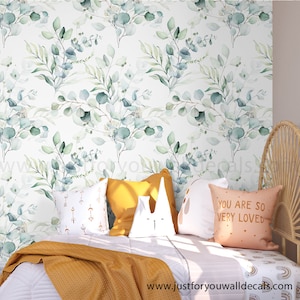 Eucalyptus Wallpaper, Botanical Wallpaper, Greenery Wallpaper, Watercolor Leaves Wallpaper, Leaf Pattern Botanical Wallpaper 28-0006