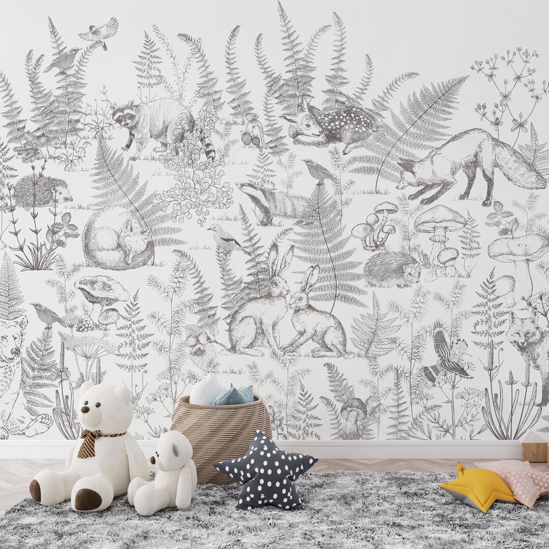 Woodland Forest Animal Nursery Wallpaper Mural – Black & White Peel and ...