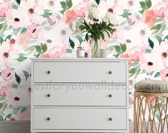 Floral Removable Wallpaper, Floral Wallpaper, Nursery Wallpaper, Peel and Stick Wallpaper Floral, Kids Wallpaper, Peony Wallpaper, 30-0003