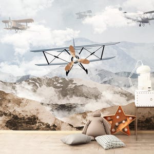 Airplane Wallpaper Mural, Boys Room Wallpaper, Baby Boy Wallpaper Mural, Vintage Airplane Wallpaper, Peel and Stick, Removable 21-0007