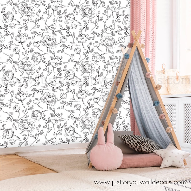 Baby Girl Wallpaper Wallpaper 30-0009 Girl Wallpaper Black Floral Wallpaper Floral Wallpaper Black and White Wallpaper Peony Wallpaper