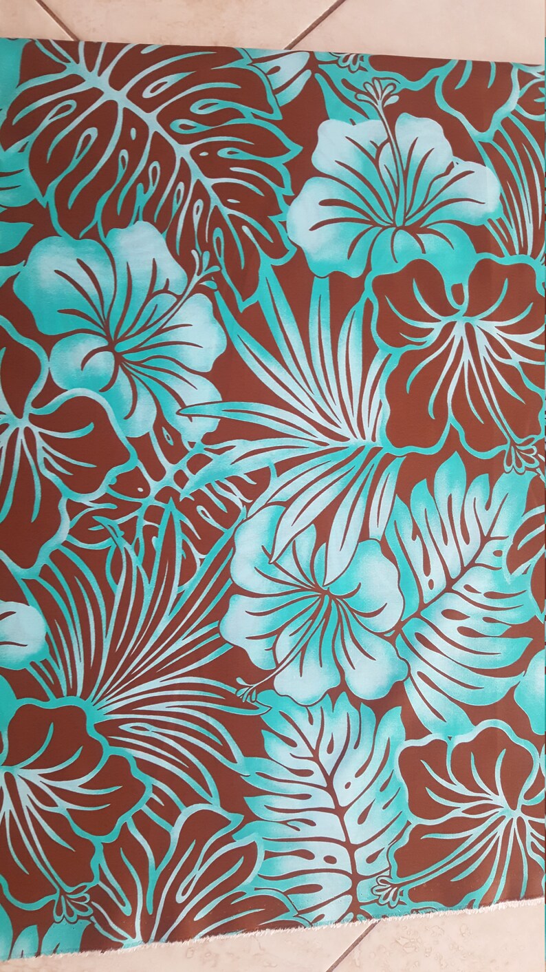 Hawaiian Teal/brown Hibiscus Fabric 36 X 44 Etsy