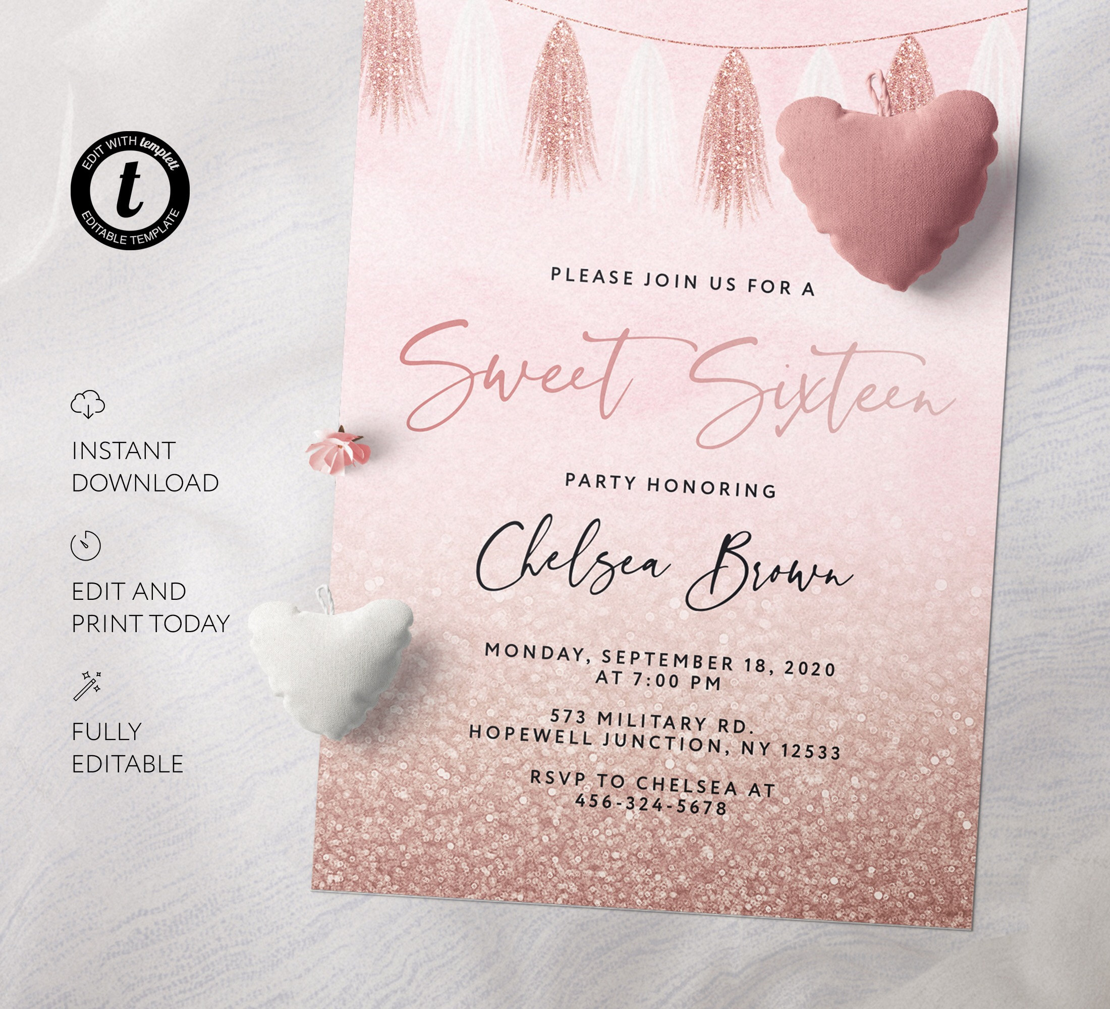Sweet Sixteen Invitation DIY Sweet 16 Template Rose Gold Etsy