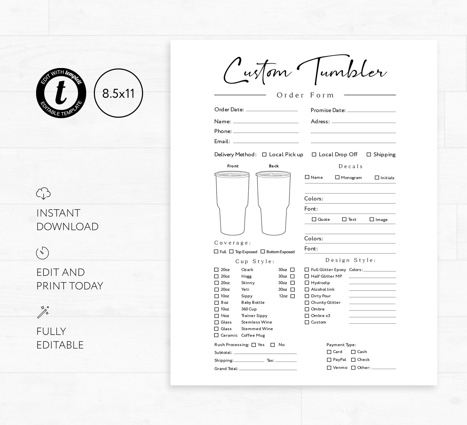 Tumbler Order Form Template Diy Order Form 85x11 Etsy