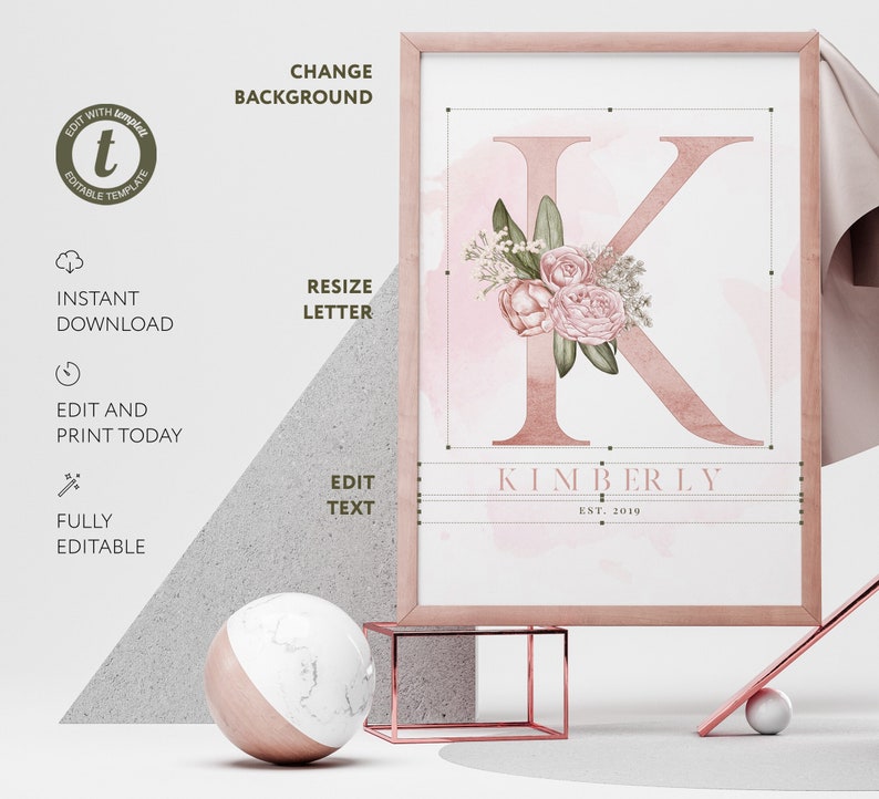 Nursery Print Name Letter K Baby Girl Wall Art Personalized Etsy