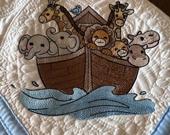 Personalized Noah's Ark Embroidered Baby Quilt, Nursery Gift