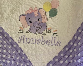 Baby Heirloom Personalized Lavender Dot Quilt Embroider with Elephant With Ballon