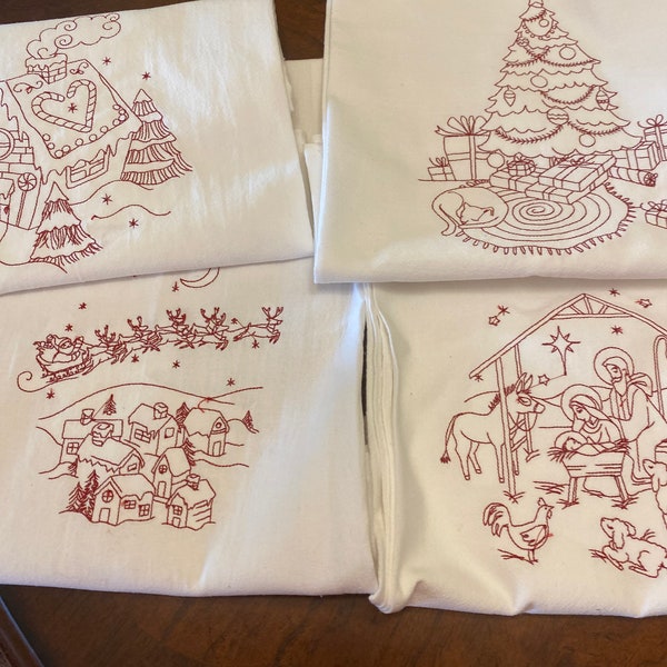 Vintage Look Christmas Red Work Flour Sacks ,Bundle or Single Santa Coming To Town, Gingerbread House, Manger Scene, Christmas Tree