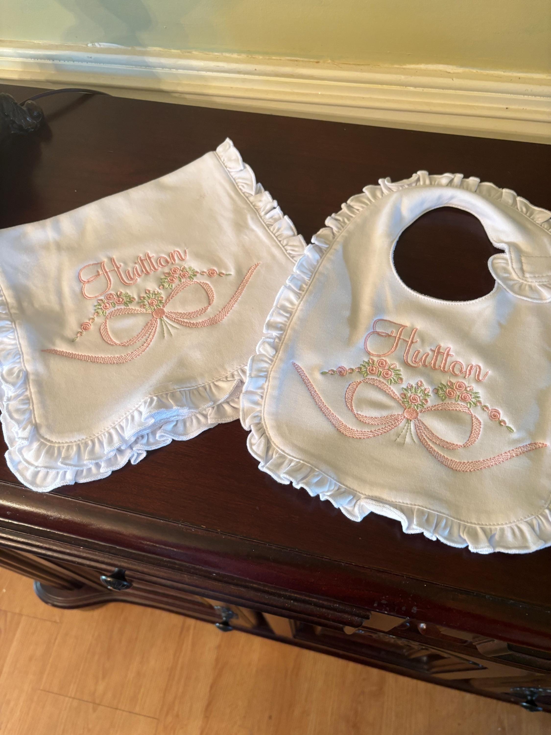 Baby Gift with Personalized , Monogrammed Burp and Bib set.  Baby shower gift! White, Pink or Lavender