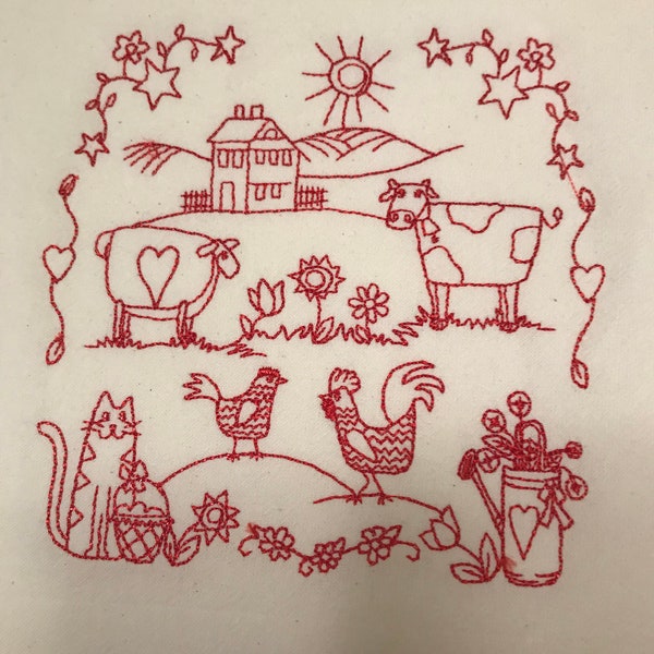 Red Work Farm Scene Embroidered Tea Towel