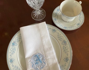 Linen Hemstitched Monogrammed Napkins, Embroidered Cotton Blend Dinner Napkin