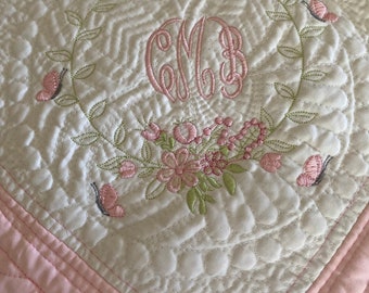 Heirloom Monogrammed Baby Girl Quilts, Butterfly Greenery, Baby Shower Gift