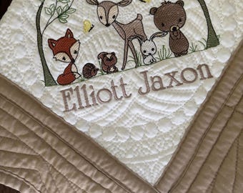 Baby Boy Personalized Embroidered Quilt,Nursery baby gift Elephant , sailboat, safari, bear,deer,tractor, Winnie the Pooh, Woodland Animals