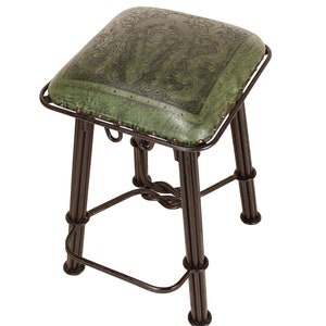 May include: A green leather bar stool with an intricate embossed design. The stool has a black metal frame with a twisted design at the base.