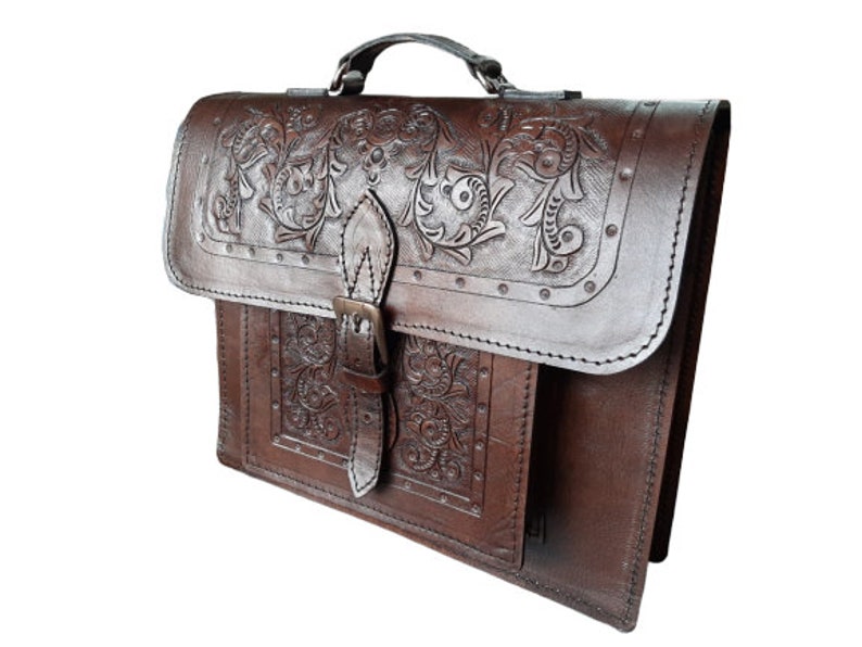 Hand Tooled Leather BriefcaseBackpack Colonial Antique Brown