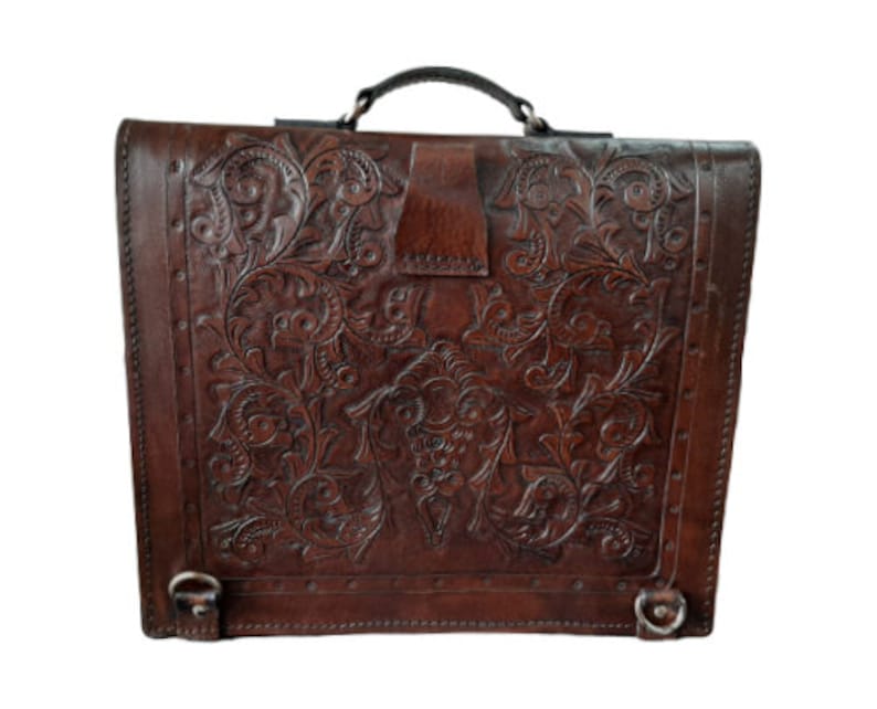 Hand Tooled Leather BriefcaseBackpack Colonial Antique Brown