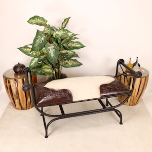 Wrought Iron Double Vanity Stool with Hair on Hide Leather Seat.