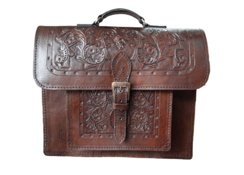 Hand Tooled Leather BriefcaseBackpack Colonial Antique Brown