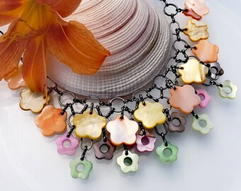 Summer colourful necklace 20' Seashell flower beads jewelry lovely necklace Bright simple jewelry Pressed shell beads pink green yellow