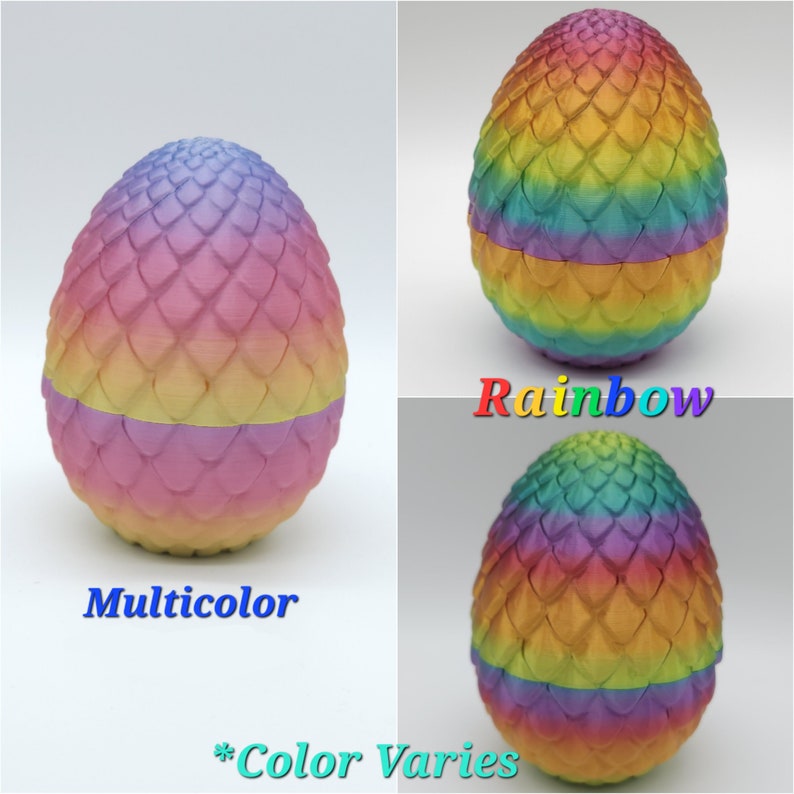 May include: A 3D-printed dragon egg in a rainbow gradient of colors. The egg is segmented in the middle. The text "Multicolor", "Rainbow", and "*Color Varies" are displayed.