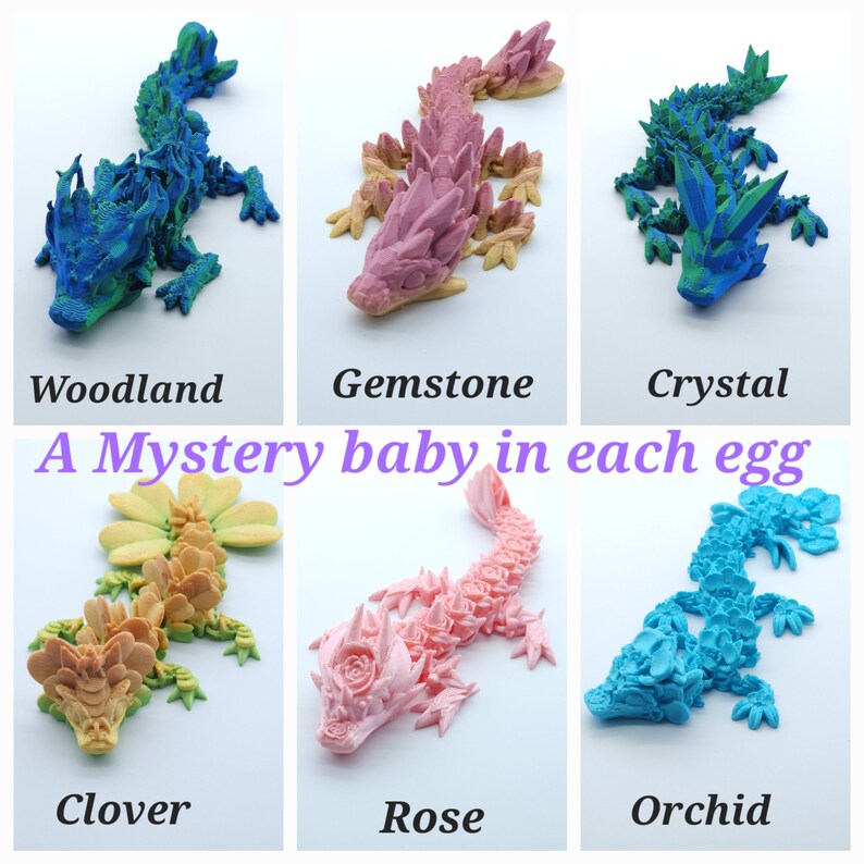 May include: A collection of six colorful, articulated dragon figurines. Each dragon is uniquely designed with names like "Woodland," "Gemstone," and "Crystal." The text "A Mystery baby in each egg" is also visible. These decorative figurines are ideal for collectors.