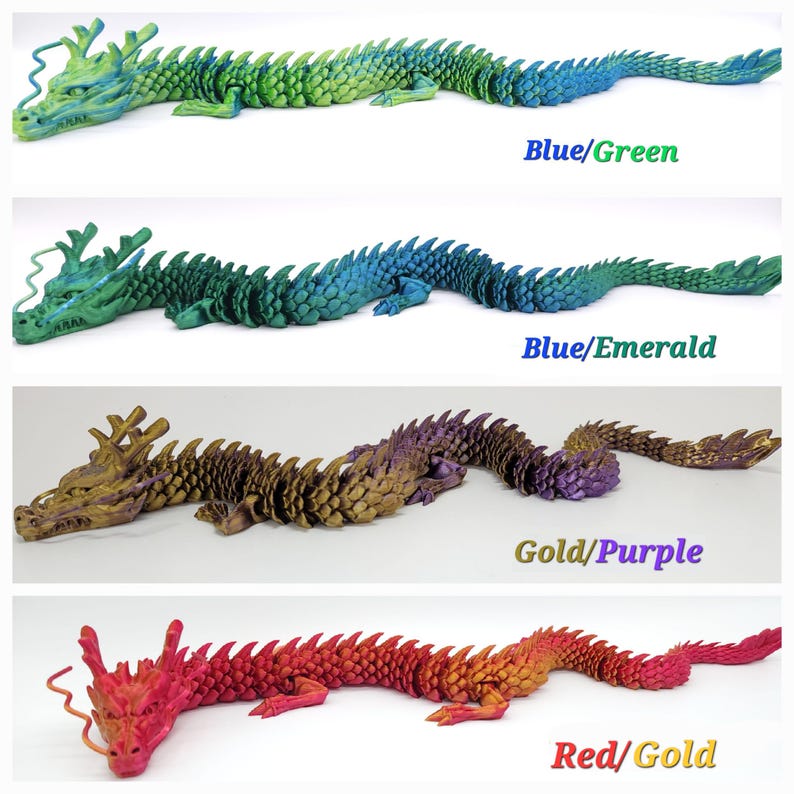 May include: Four articulated dragon toys in various colour combinations. The top dragon is blue and green, the second is blue and emerald, the third is gold and purple, and the bottom is red and gold. Each dragon has a detailed, scaled design.