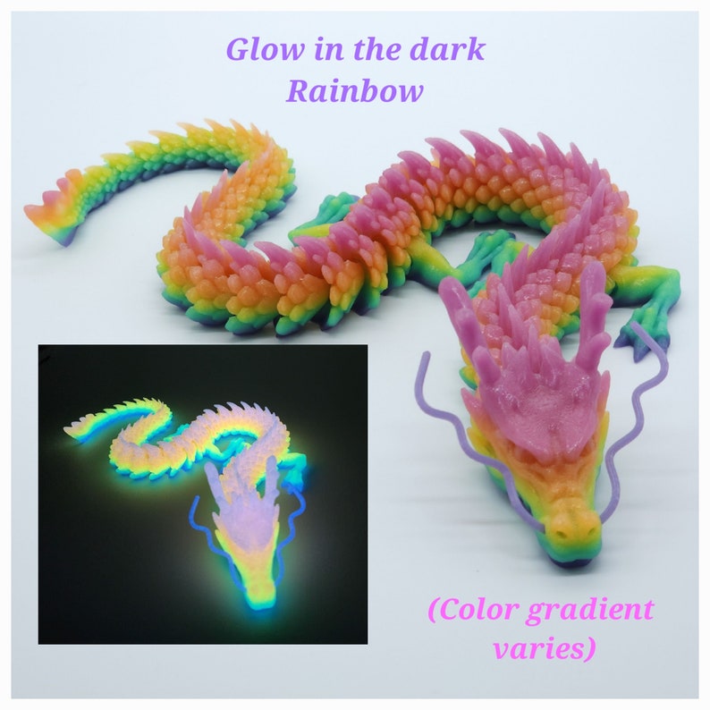 May include: An articulated dragon toy in rainbow colours, with a glow-in-the-dark feature. The dragon's body features a gradient of pink, orange, yellow, green, and blue. A smaller, glowing version of the dragon is also shown.
