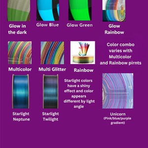 May include: A colour chart showcasing filament colours such as Glow in the Dark, Glow Blue, Glow Green, and Glow Rainbow. Other options include Multicolor, Multi Glitter, Rainbow, Starlight Neptune, Starlight Twilight, and Unicorn (Pink/blue/purple gradient).